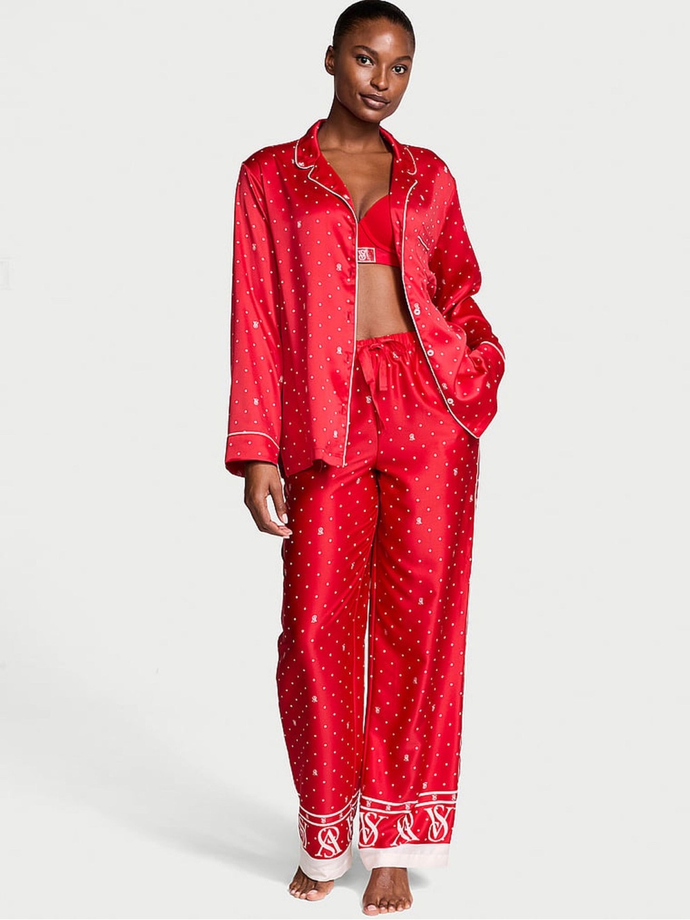 Victoria's Secret Lipstick Red Satin Polka Dot Pajama Set